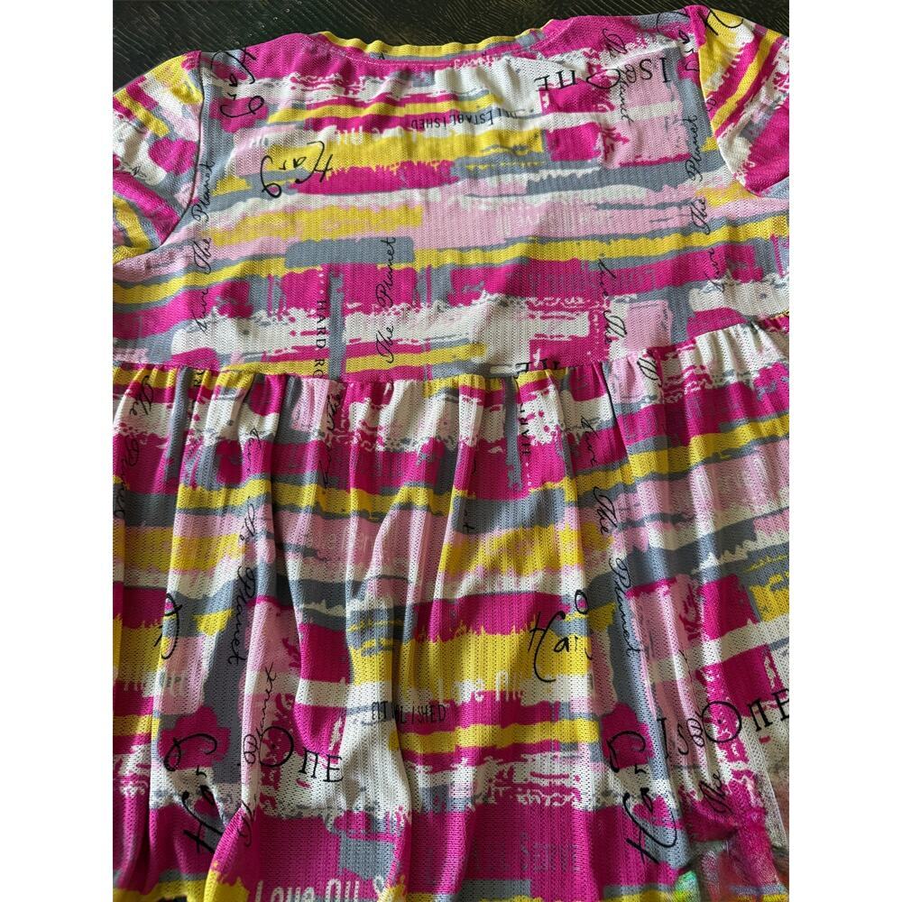Multi-Color High-Low Hem Short Sleeve Lightweight Colorful Top Yellow Pinks Sz M - Picture 6 of 7